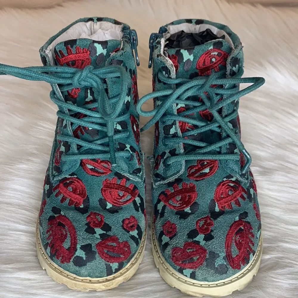 AKID Leather Embroidered Eye & Lips Boots Size 10C